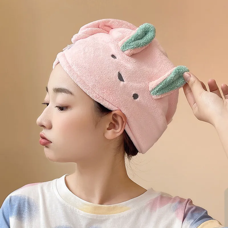 Trendy Cute Cartoon Bunny Hair Drying Wrap for Women – Embroidered Absorbent Quick-Dry Coral Fleece Towel Cap, Soft Fluffy Bath Turban with Rabbit Ears, Fast-Drying Hair Towel for After-Shower Use